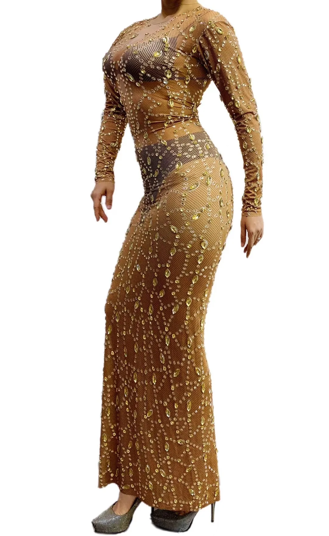 Sexy luxo festa de aniversário celebrar strass vestido magro elastano estiramento manga longa envoltório hip cantor anfitrião traje