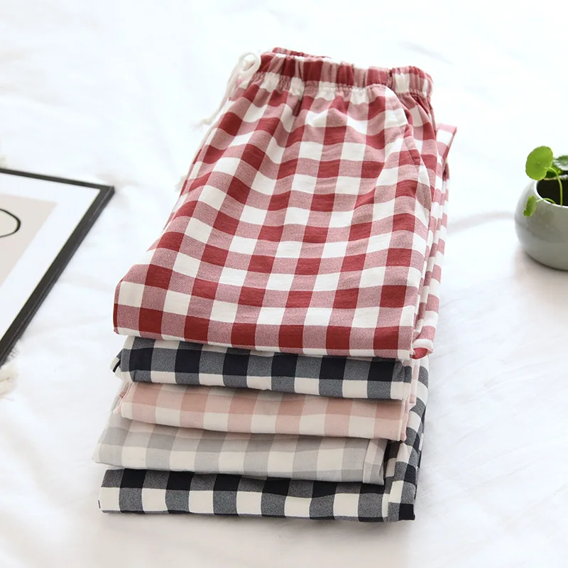 Men and Women Japanese Simple Plaid Sleep Bottoms Spring/Autumn Knitted Cotton Casual Trousers Thin Loose Couple Home Pants 2021