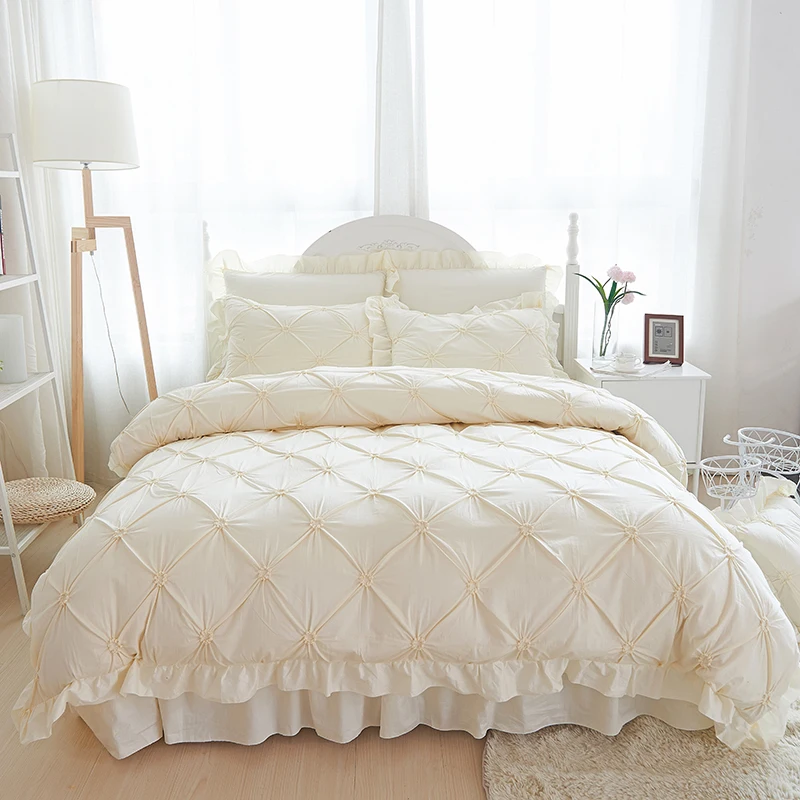 

100% Cotton Bedding Set Luxury Beige Handwork Pinch Pleat Ruffle Princess Duvet Cover Bed Skirt Linen Pillowcases 4/6pcs