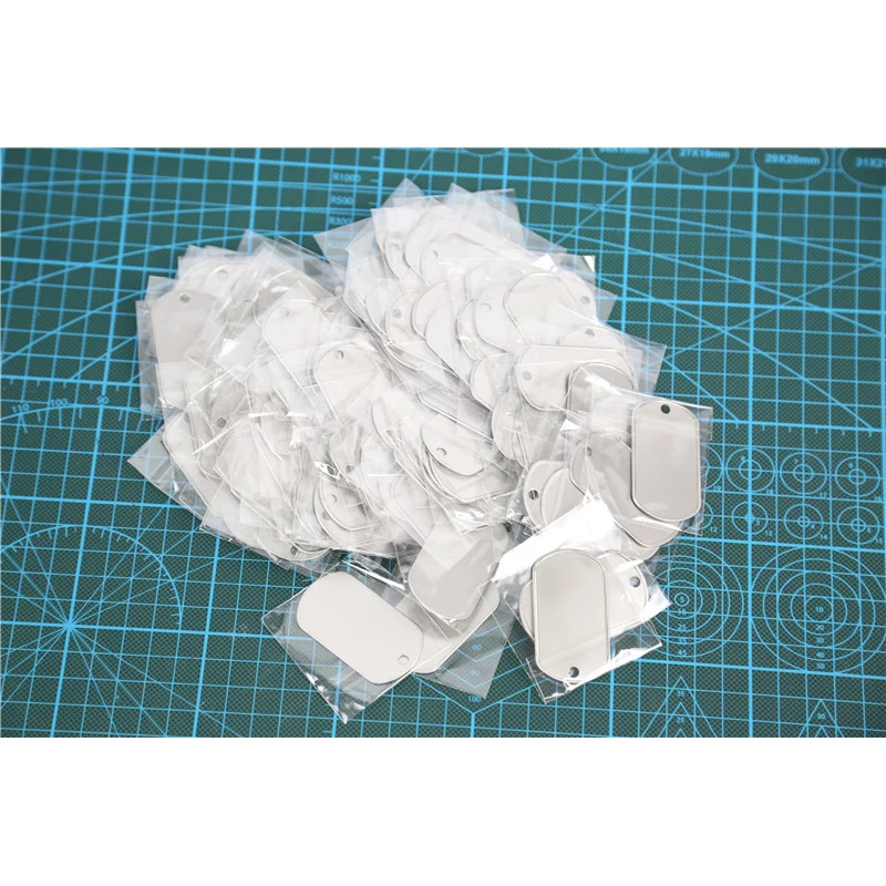 100pcs 50.3*28.3*0.4mm etichetta di identità dell'esercito militare, medagliette per cani BateRpak piatto in acciaio inossidabile, collane con pendenti per gioielli con etichetta identificativa per animali domestici
