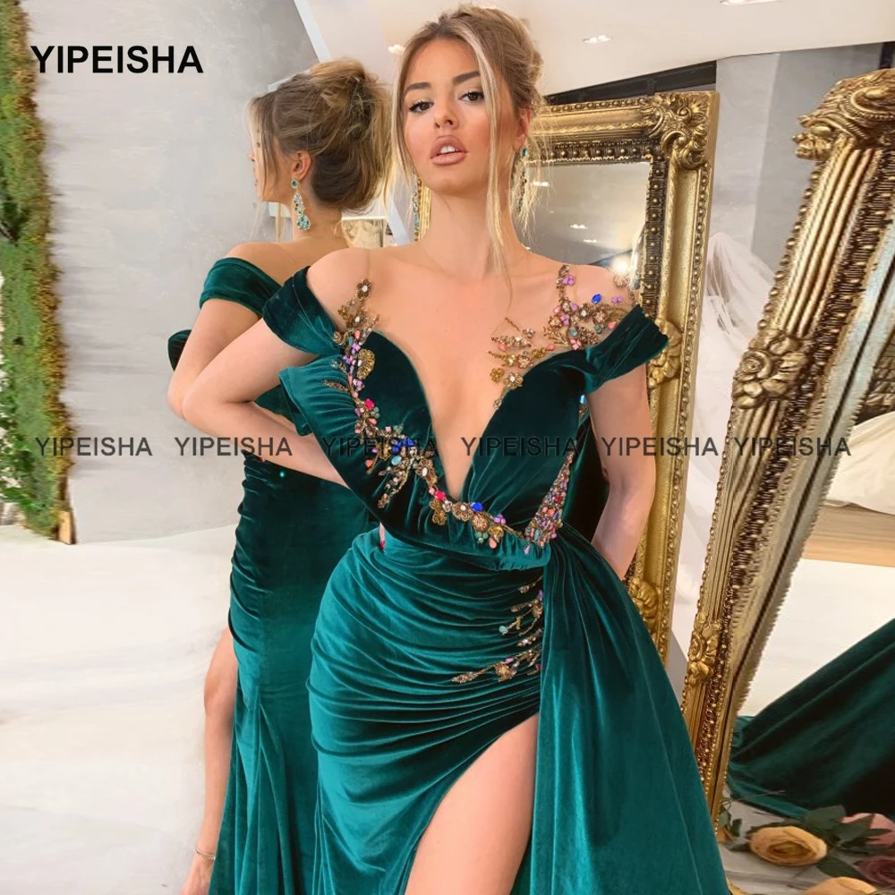 Yipeisha Dubai Dạ Hội Sheer CỔ Lọt Khe Cao Cấp Xanh Ngọc Lục Bảo Nhung Form Đầm Suông Tiếng Ả Rập Nàng Tiên Cá Vũ Hội Đảng Bầu Abendkleider