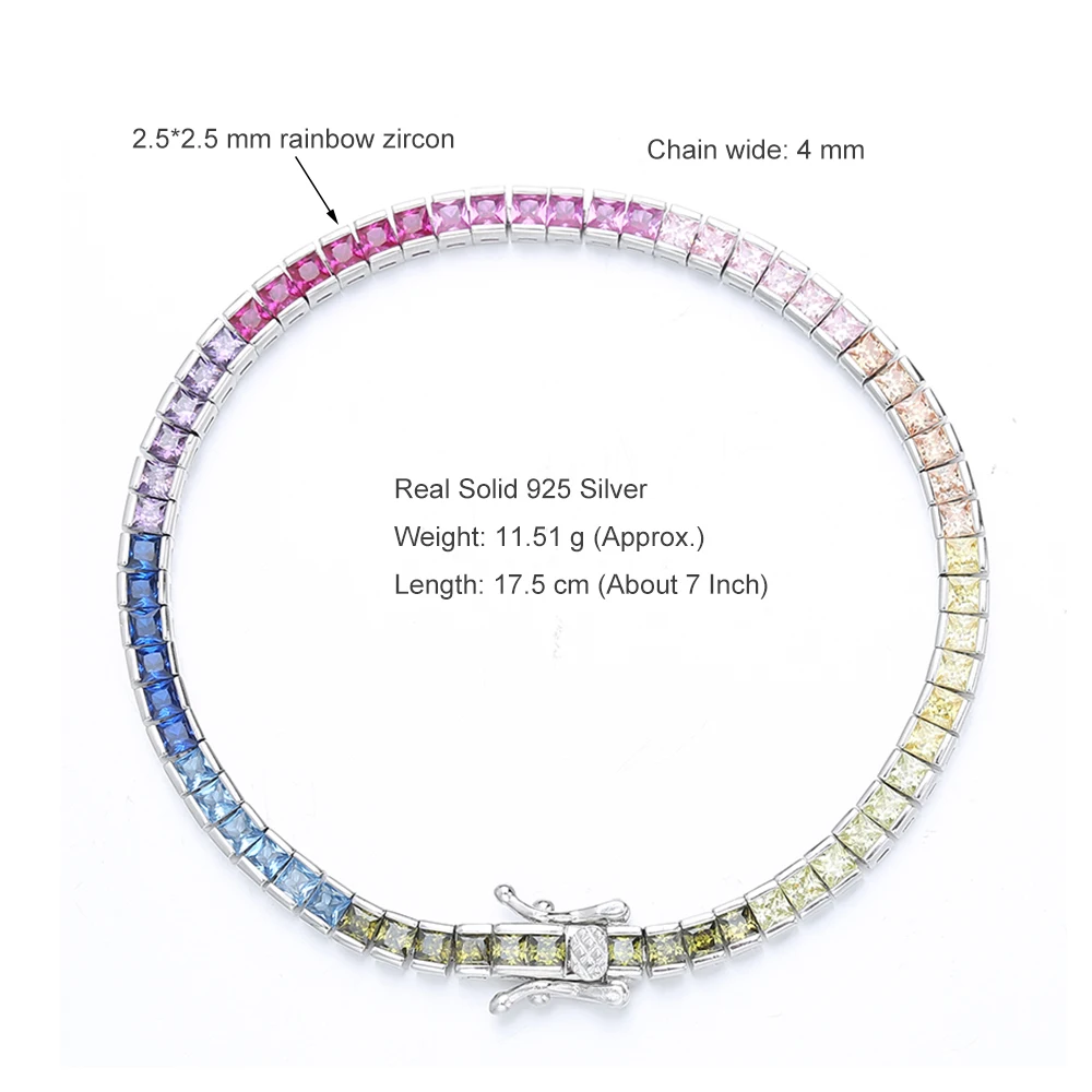 Pure Silver 17.5 CM Tennis Bracelet 4 mm Wide Square Chain With Full 2.5*2.5mm Bling Rainbow Zircon Real 925 Jewelry For Women