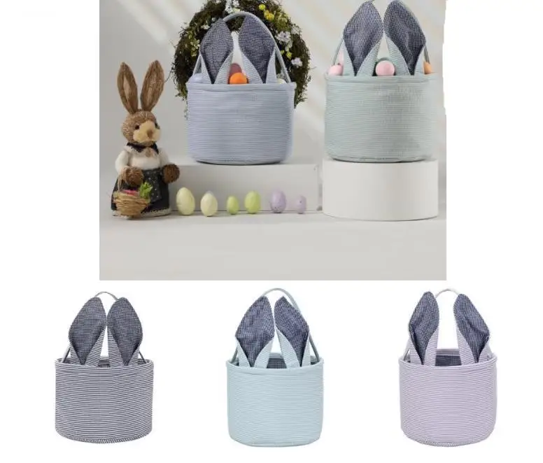 Easter Bag Favor Stripe Bunny Basket Cartoon Rabbit Long Ears Bucket Seersucker Easters Eggs Bags Kids Party Gift SN3938