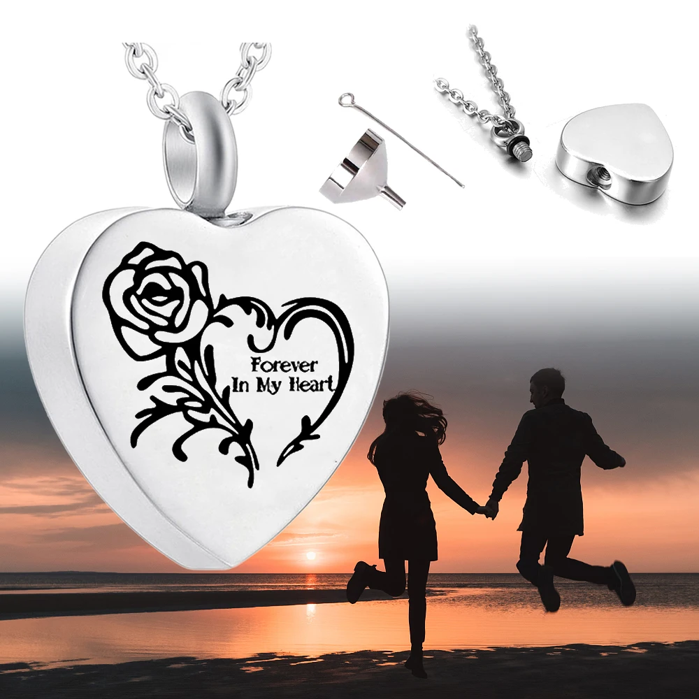Stainless steel heart-shaped cremation urn necklace rose flower pendant necklace always in my heart ashes keepsake jewelry