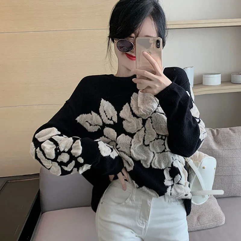 2020 Autumn Winter Floral Print Sweater Women Knitted Pullover Femme Sweaters High Quality Knitted  black Sweater Jumper