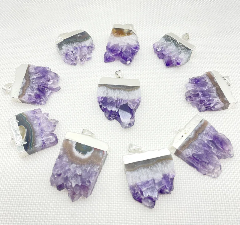 6pcs Natural Gem stone Amethyst Slice Druzy Pendant Purple Crystal Quartz Male Rough Slab Geode For DIY Jewelry Making Necklaces