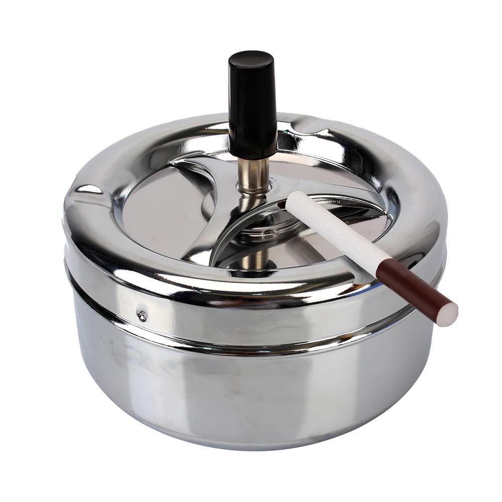 Cigarette Ash Tray For Home Office Hotel Cigarette Ashtray Press Rotating Lid Stainless Steel Spinning Plain Ashtray