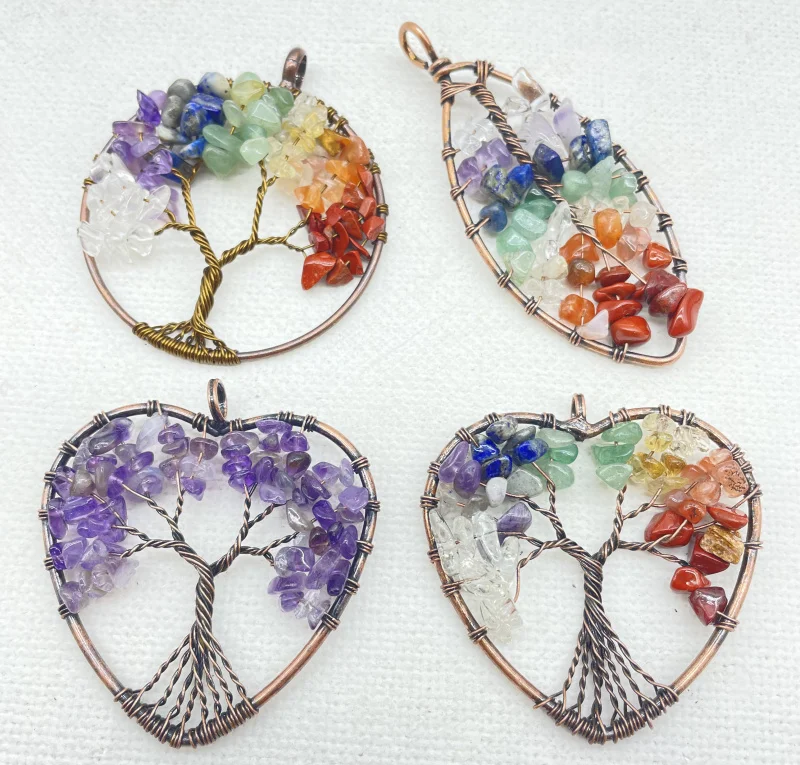 

Natural Gem Stone Quartz Crystal Amethyst 7 chakras Heart-shaped Life Tree Ancient Copper Wire Wrapped For Jewelry Pendant 6pcs