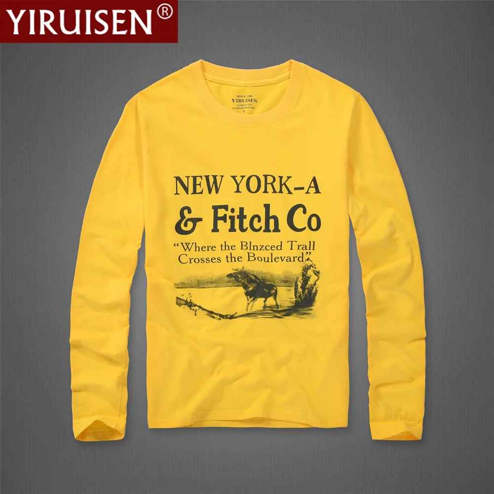 Autumn Vintage Printing 100% Cotton Long Sleeve YIRUISEN 2021 Fashion O-Neck Breathable Soft Male Clothing Comfortable Top Tees