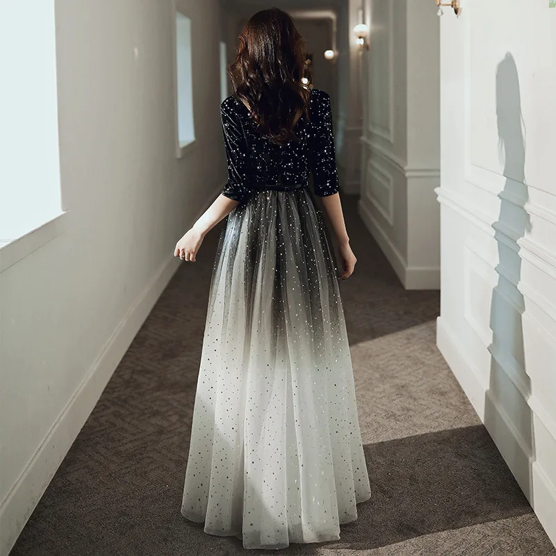 Fashion Evening Dresses Long Simple A-Line V Neck Half Sleeve Tulle Elegant Formal Party Dresses with Sashes Real Photo