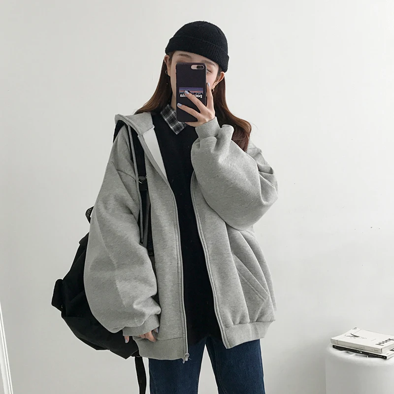 Autumn Winter Thicken Warm Sweatshirts Women Simple Loose Zipper Hooded Clothes Female Fleece Warm Solid Color Tops