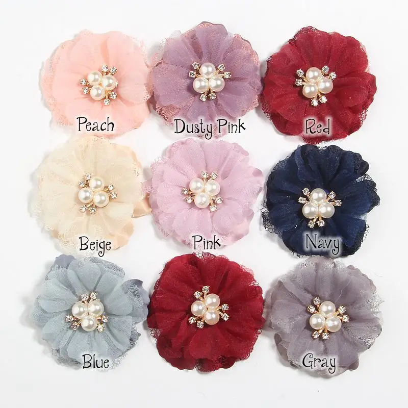 5PCS 6.5CM Lace trim Fabric Flowers For Headbands Hair Chiffon Flower Rhinestone Cluster For Girls Women Headwear Accessories