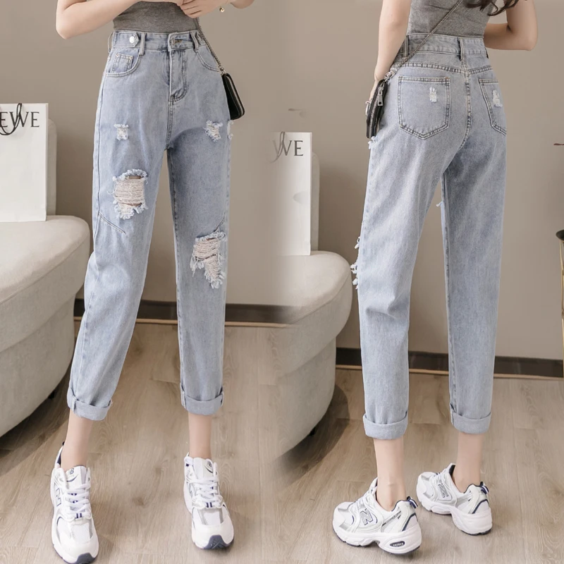 Woman Jeans Clothes High Waisted Ripped Nice Summer Streetwear Baggy Wide Leg Vintage Vogue Blue Harajuku Straight Pants