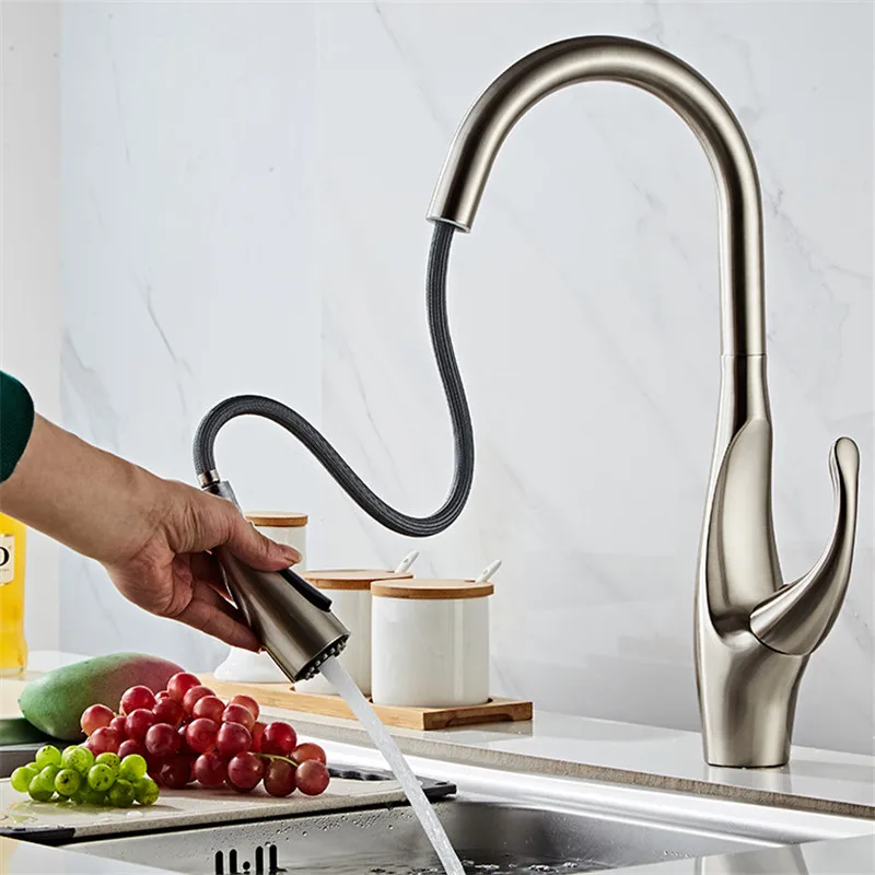 Tuqiu Nickel Kitchen Faucets Chrome Pull Out Kitchen Faucet Tap Single Hole Rotating Sink Faucet Water Mixer Tap Mixer Tap