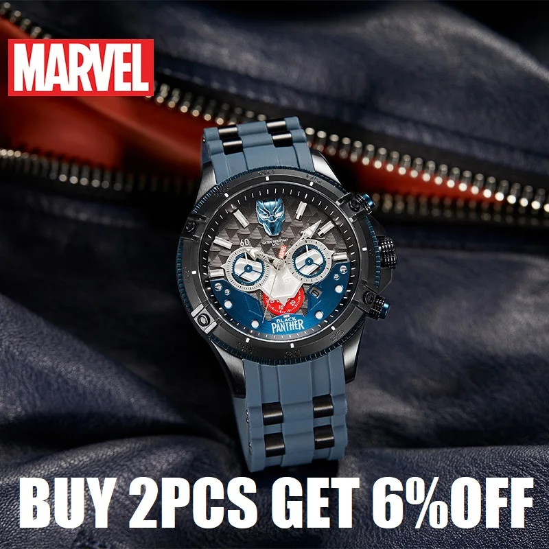 Marvel Official BLACK PANTHER Men Quartz WristWatches 50m Waterproof Stainless Steel Montre Homme Army Multiple Time Zone