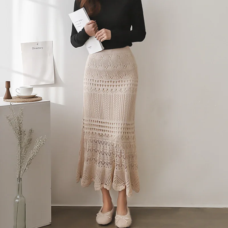 Korean 2024 New Women Knitting Long Skirts High Waist Flower Hollow Knitted Female Classic Loose Large Long Skirt