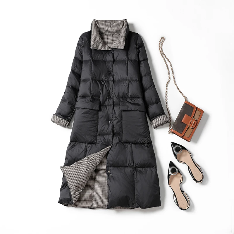 

Women Down Coat Autumn Winter Stand Collar Both Sides Wear Over The Knee Parkas Fashion Ladies Long Overcoat