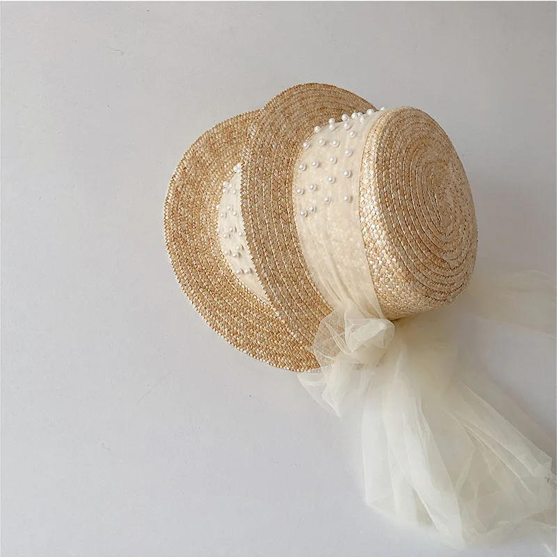 Cute Children's Cap Straw Hat Pearl Decoration Lace Bandage Flat Top Sun Protection Caps Girl Wide Brim Hat Beach Hat Sun Hats