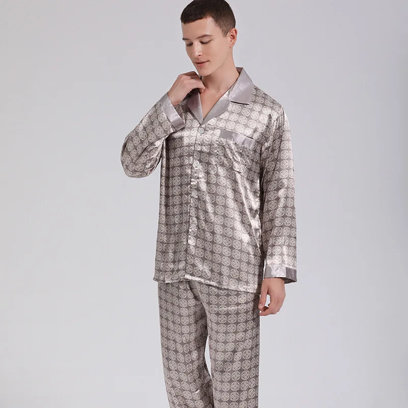 Print Men Sleep Set Casual Long Sleeve Spring Autumn New 2PCS Pajamas Suit Satin Home Clothing Intimate Lingerie With Pocket