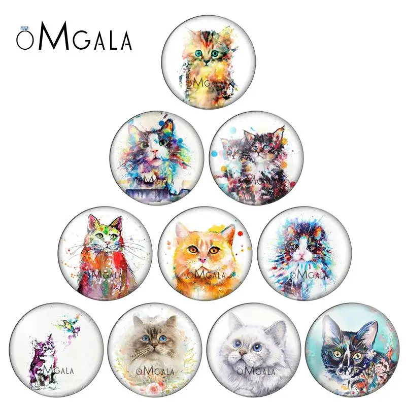 

Beautiful Watercolor Cute Cats Drawing 10pcs mixed 12mm/18mm/20mm/25mm Round photo glass cabochon demo flat back Making findings