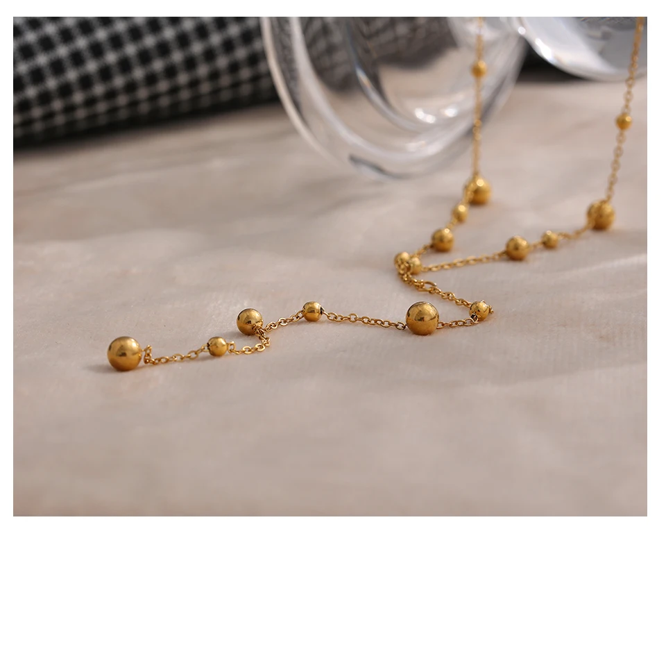 Yhpup Halskette mit langem Anhänger aus Edelstahlperlen, minimalistisch, 18K PVD-beschichtet, Metallkragen, Modeschmuck, Bangkok Parti-Geschenk – Detail 9