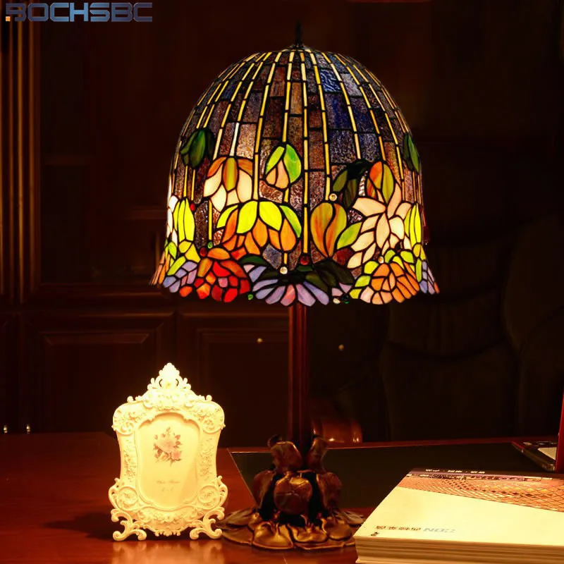 BOCHSBC Glass  Art Water Lily Table Lamp Classic Tiffany Stained Glass Table Lamp Home Decor Living Room Office Light Fixtures