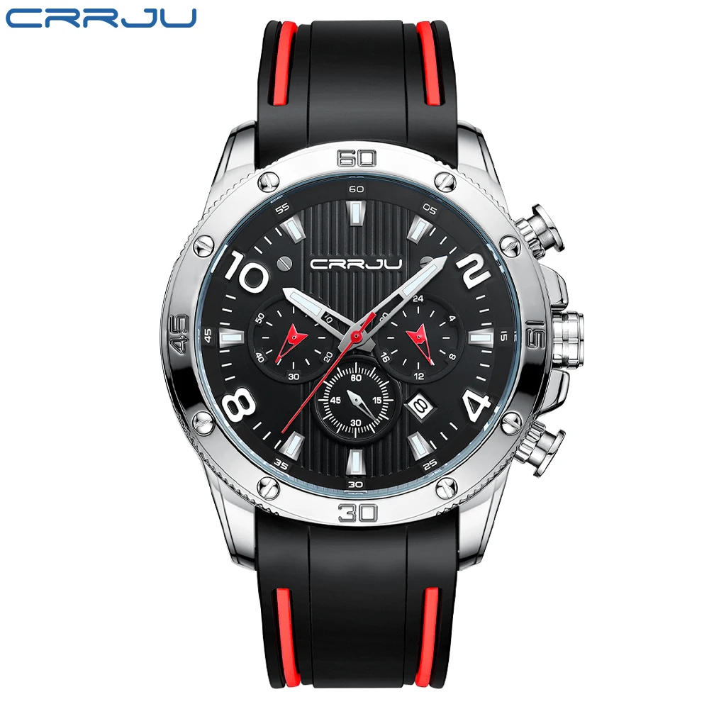 CRRJU Fashion Men's Watches Top Brand Luxury Quartz Waterproof Sports Clock Wristwatch Relogio Masculino Red Silicone Strap