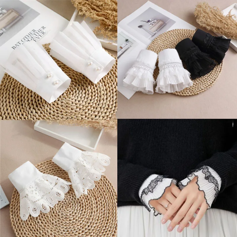 Fashion Women Detachable Sleeve Fake Cuffs Female Lace Pleated Flare Sleeve False Cuffs Ruffles Wristband Decorative Accessory