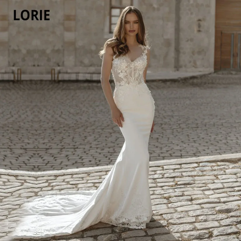 

LORIE Boho Wedding Dresses Mermaid V Neck Appliques Lace Backless Luxury Wedding Gown Custom Made Bride Dress 2021