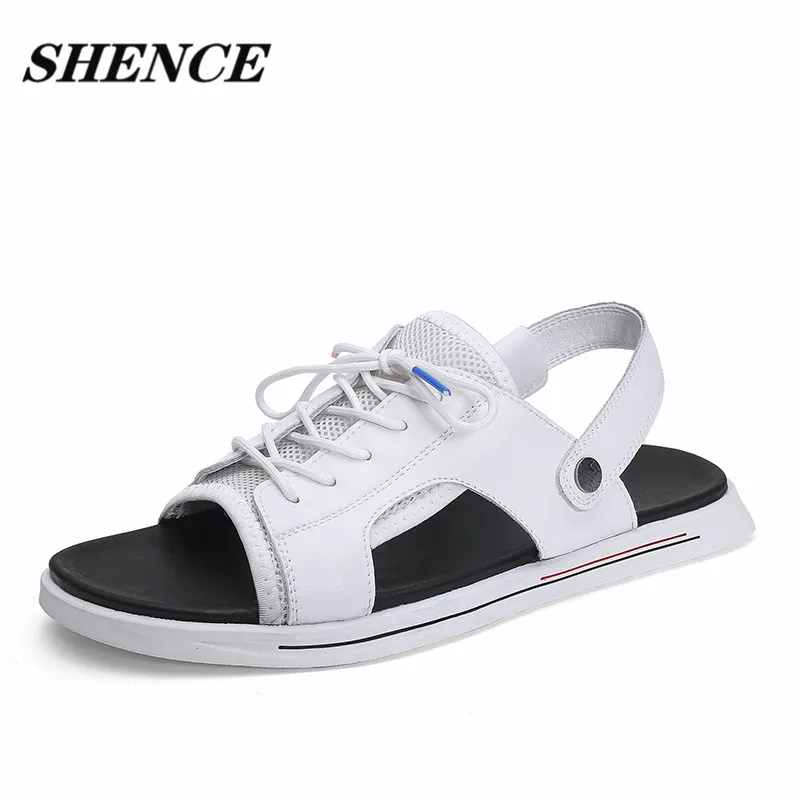 SHENCE Classic High quality Cow Leather Sandals Summer Outdoor Handmade Men Sandals Fashion Comfortable Men Beach Leather Shoes