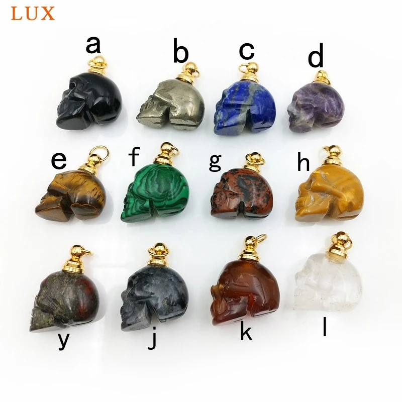 Natural Gemstone Skull Pendant, Crystal Perfume Bottle Essential Oil Diffuser Vial, Stone Handmade Carvings Malachite Amethyst