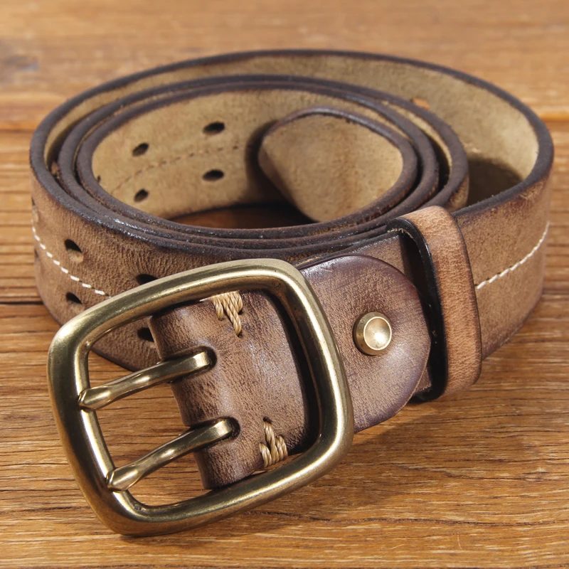 Vintage Men\'s 3.8cm Wide Double Breasted Belt 100% Cowhide Double Prong Buckle Handmade Heavy Duty Belt Fashion Jeans Belt Brown