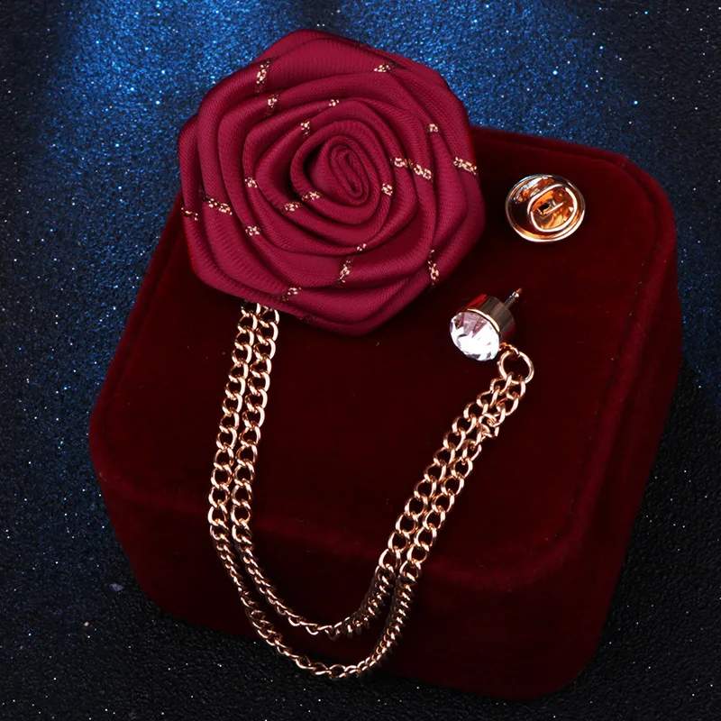 Korean Style Handmade Rose Flower Brooch Pin for Men Wedding Groomsmen Tassel Chain Lapel Accessory Cloth Art Suit Badge