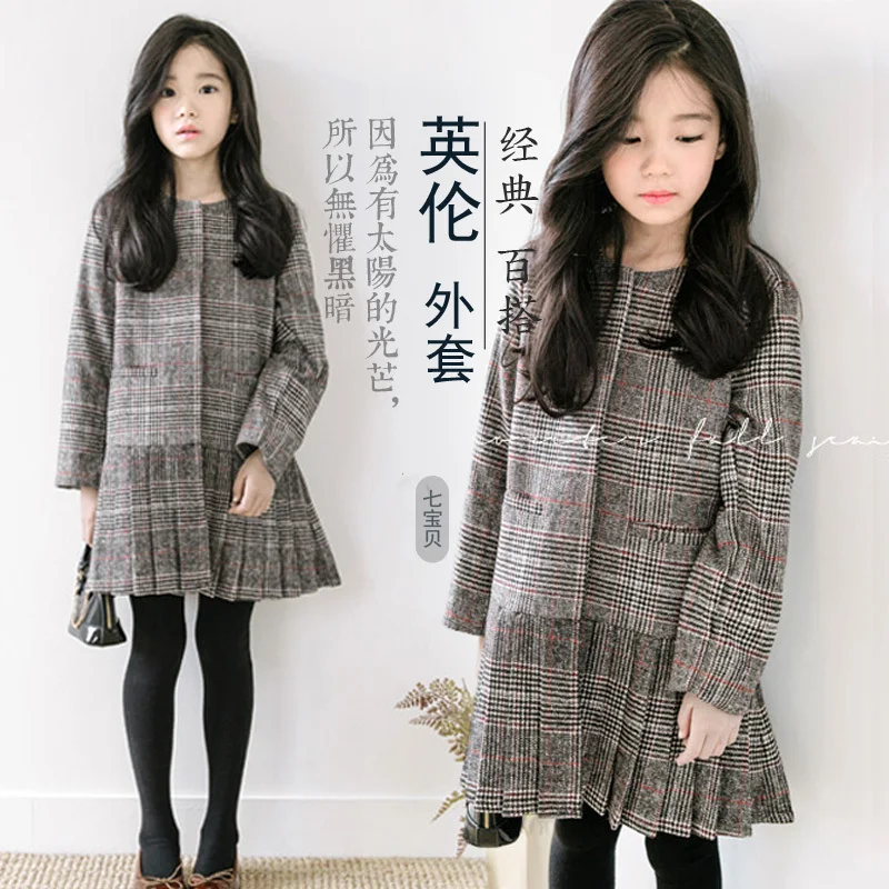 British Style Girls Woolen Pleated Dresses Spring Fall Kids Preppy Plaid Round-Collar Long Sleeved Dress Students One Piece P144