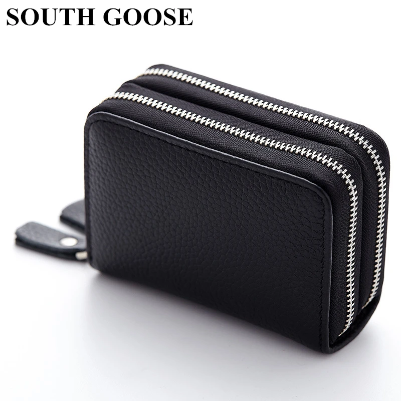 

SOUTH GOOSE Genuine Leather Credit Card Holder Function Double Zipper Card Case Men Business Cards RFID Wallet Women Coin Purses