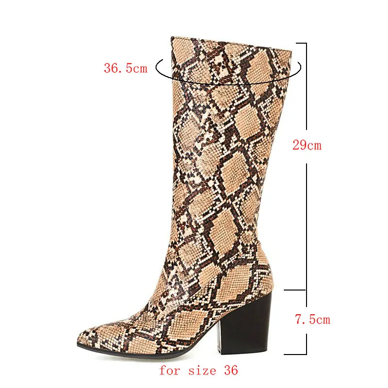 Blue Brown White Women Knee High Boots PU Leather Snake Print Zipper Ladies Calgary Boots Pointed Toe Square Heel Women\'s Boots