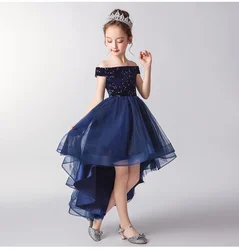 Elegant Dark Blue Lace Beads Girl Party Dress Off Shoulder First Communion Gown Girl Pageant Gown Flower Girl Dress for Weddings