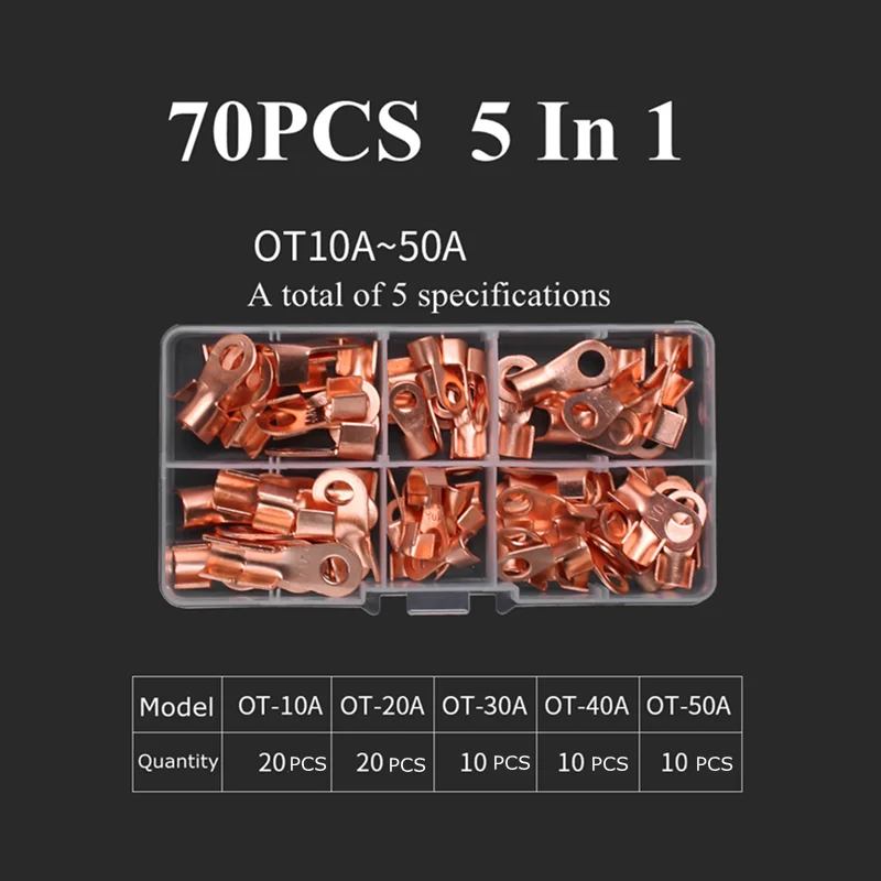 70/140PCS OT Type 5A 20A 30A 40A 50A 60A 100A Wire Terminal Red Copper Bare Nose Lugs Crimp Open Mouth Cable End Connector