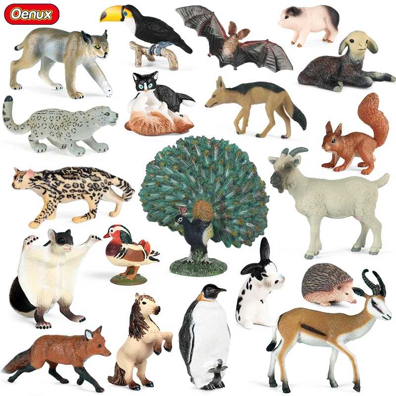 Oenux Wild Animals Peacock Squirrel Antelope Penguin Lizard Action Figures Miniature Cake Toppers Figurines Toy For Kids Gift