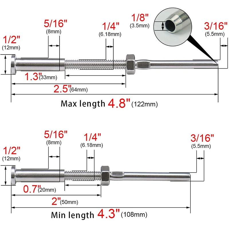 20Pack T316 Stainless Steel Cable Railing Threaded Stud Tensioner Receiver & Flat Head Stemball Terminal for 1/8 Cable