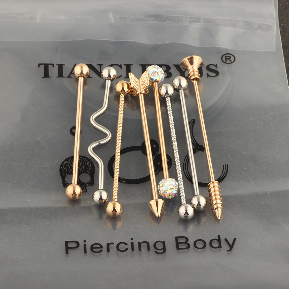 Imagem -03 - Industrial Barbell Grupo Parafuso Bola de Cristal Cartilagem de Orelha Helix Conch Brinco Kit Body Piercing 10conjunto Estilo Aço Inoxidável