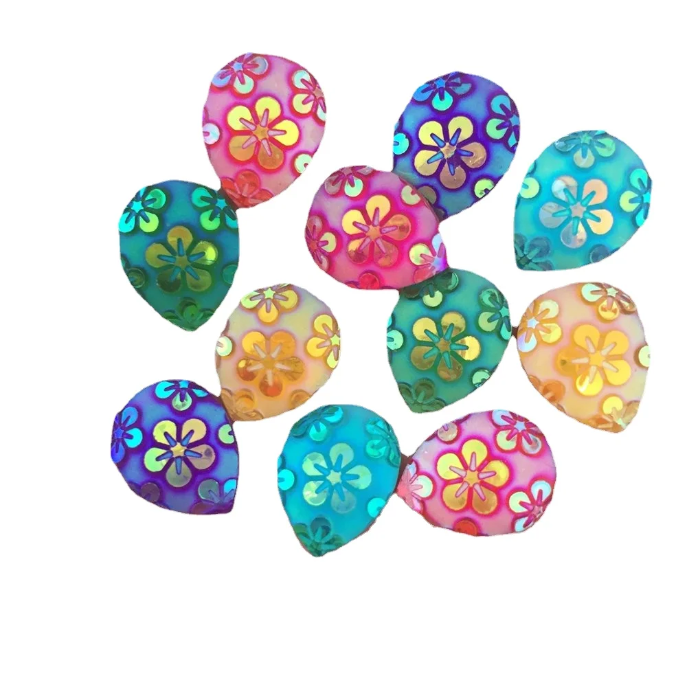 80pcs AB Resin 10*14mm Drop Flower Flatback Rhinestone Buttons  Applique DIY Wedding Scrapbook Craft D86A*2