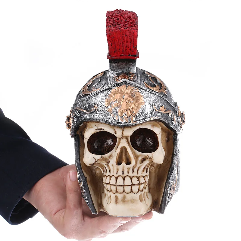 Moquerry Helmet Skull Armor Warrior Statues Skull Handicraft Resin Human Skulls Head Sculptures Home Decoration Halloween