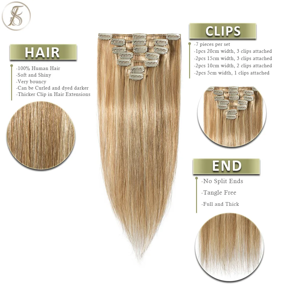 TESS Non-Remy  Women Human Clip In Hair Extensions Straight Hair Full Head Thin Hairpiece Highlight Bleach Blonde Natural Black