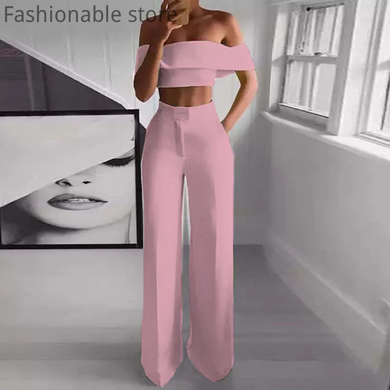 Kobiety Sexy Off Shoulder krótki Top i wysokiej talii spodnie szerokie nogawki lato elegancki jednolity kolor 2 szt. Zestaw