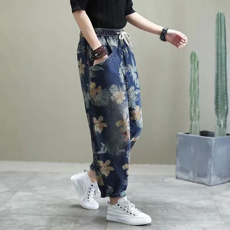 Baggy Printted Streetwear Ankle-length Jeans Oversized 90kg Flower Harem Denim Pants Retro Woemn High Wasit Spring New Pantalon