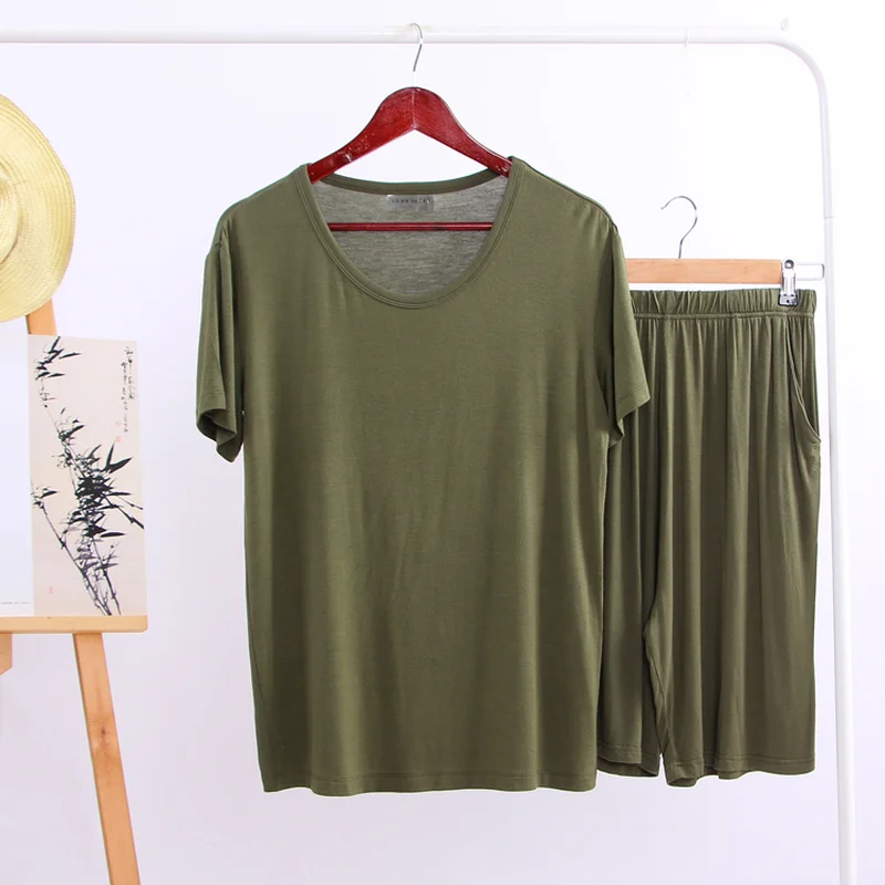 Summer Modal Pajama Sets Thin Short Sleeve T-shirt Shorts Sleepwear Mens Casual Set 2 Piece V-Neck Solid Color Home Clothing