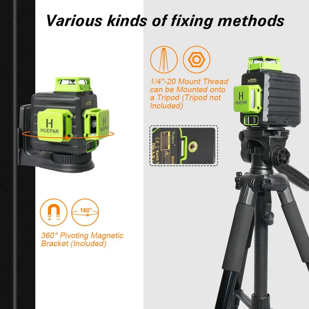 Huepar 3D Cross Line Self-leveling Laser Level 12 lines Green Beam Li-ion Battery with Type-C Charging Port & Hard Carry Case