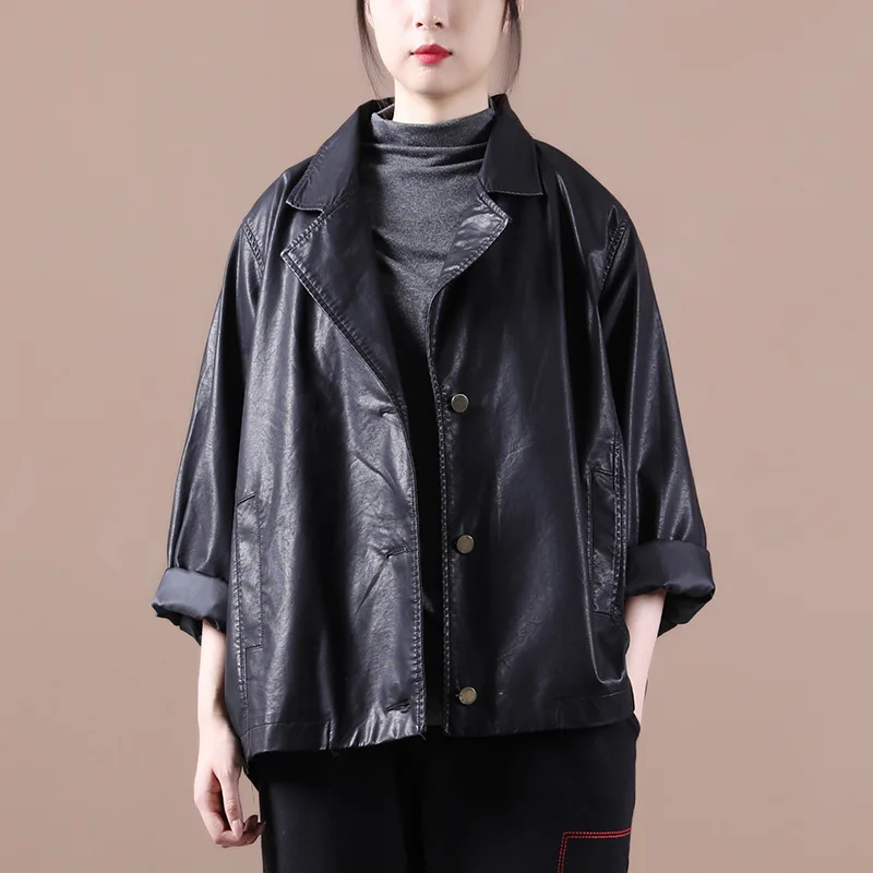 Female new spring and beiginning summer  Korean style plus size  literary hem ribbon bat sleeve loose PU leather jacket