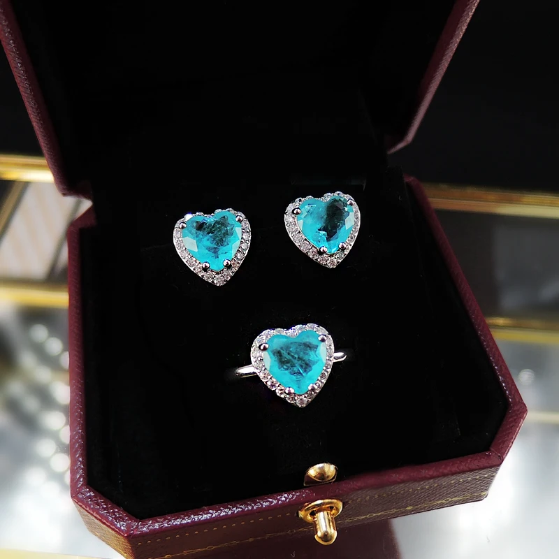 FFGems Paraiba Tourmaline Emerald Gemstone Heart silver Gold color New Earrings Necklace Sets 2020 for women girl Gift Wholesale